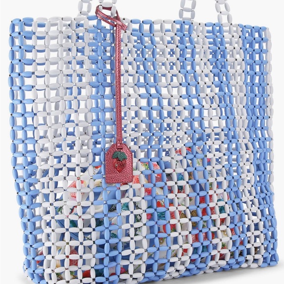 Kurt Geiger Blue and White Woven Tote with Red Strawberry Tag - Picture 4 of 7